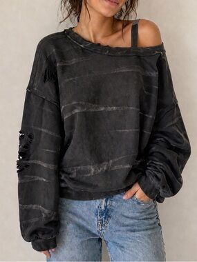 Vintage Havana Distressed Off-Shoulder Black Sweatshirt